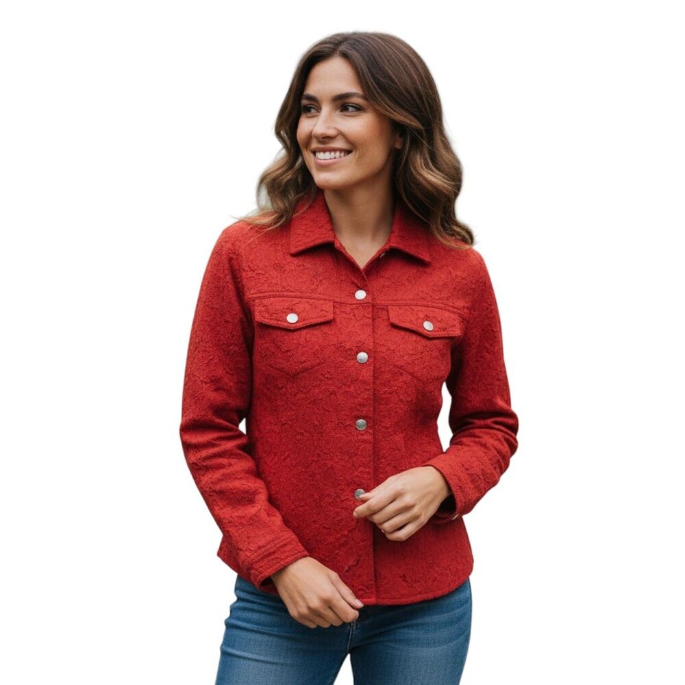 Chico's Red Embossed Jacket Silver Buttons Xs - image 1